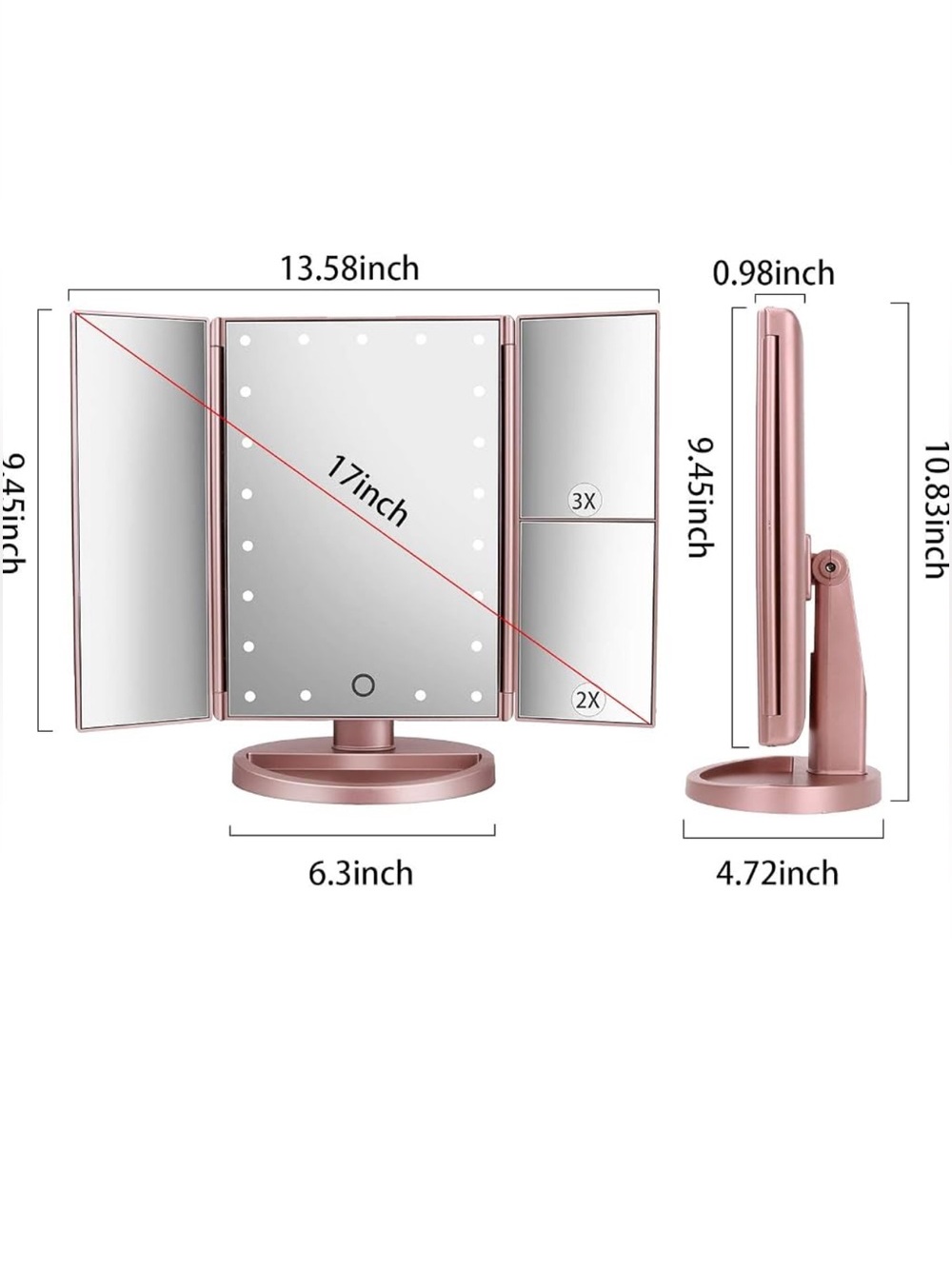 Rose Gold Tri-Fold LED Vanity Mirror with 2x/3x Magnification -